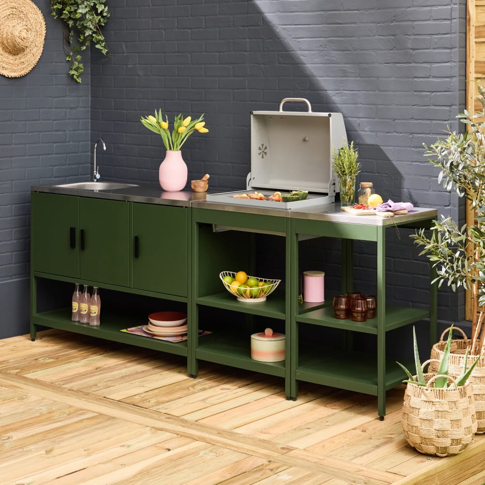Cuisine d'extérieure 3 modules avec barbecue charbon inox vert