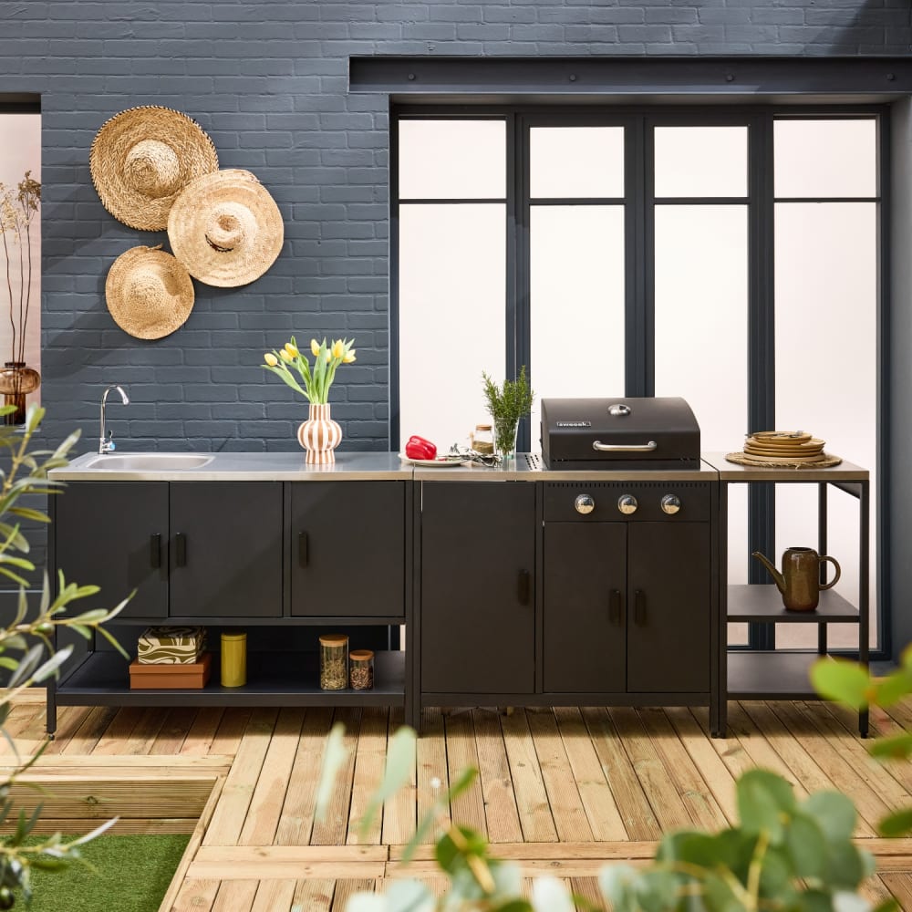 Cuisine d'extérieure 3 modules barbecue gaz 3 brûleurs inox noir