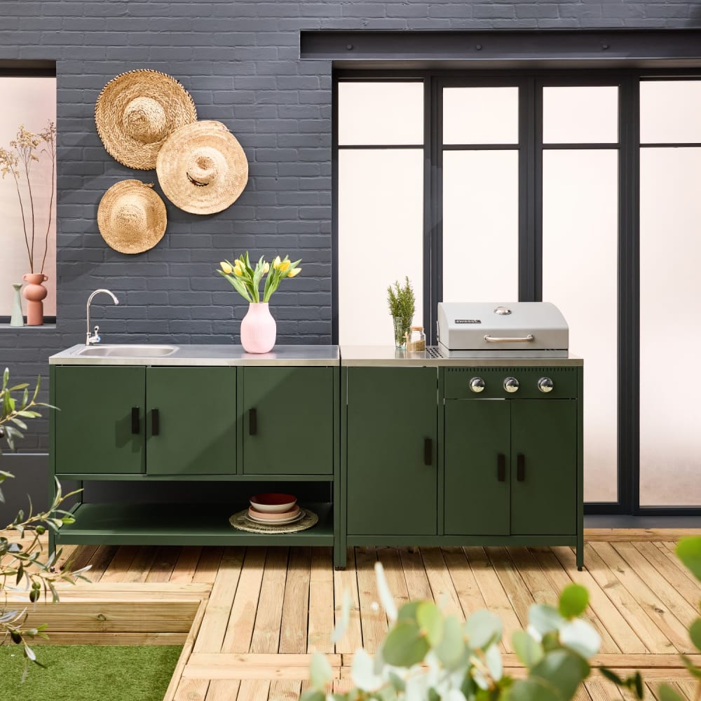 Cuisine d'extérieure 2 modules barbecue gaz 3 brûleurs inox vert