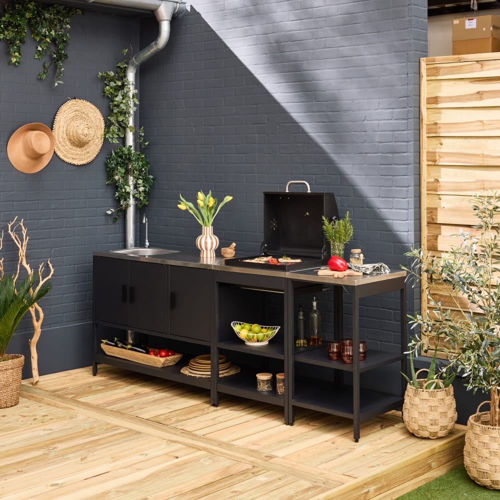 Cuisine d'extérieure 3 modules avec barbecue charbon inox noir