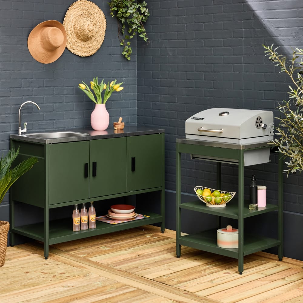 Cuisine d'extérieure 2 modules avec barbecue charbon inox vert