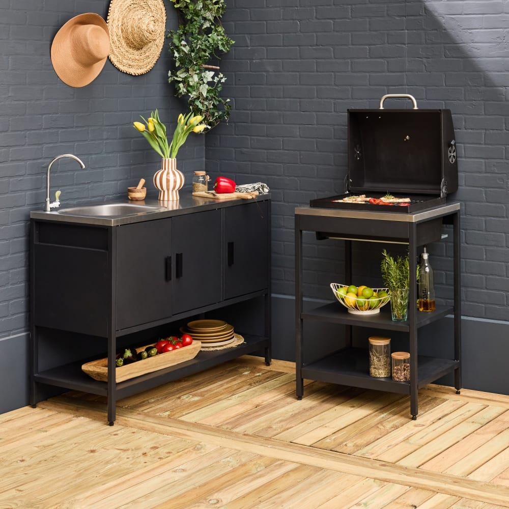 Cuisine d'extérieure 2 modules avec barbecue charbon inox noir