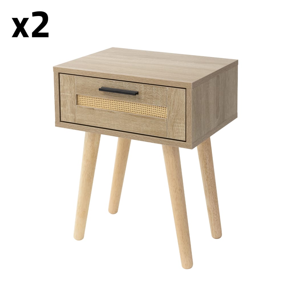 ML-Design 2er Set Nachttisch mit Schublade 40x50,5x30 cm Eiche Optik Rattanfront style modern Beige Aluminium