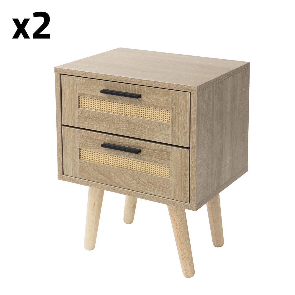 ML-Design 2er Set Nachttisch mit 2 Schubladen 40x50,5x30 cm Eiche Optik Rattan style modern Beige Aluminium