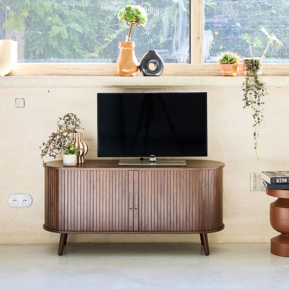 Meuble tv scandinave décor bois rainuré, noyer