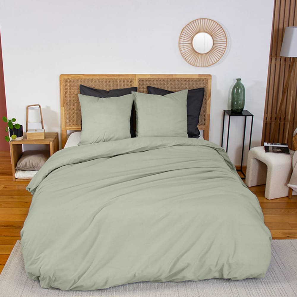 Parure de lit percale de coton sauge 2 places 260 x 240 cm