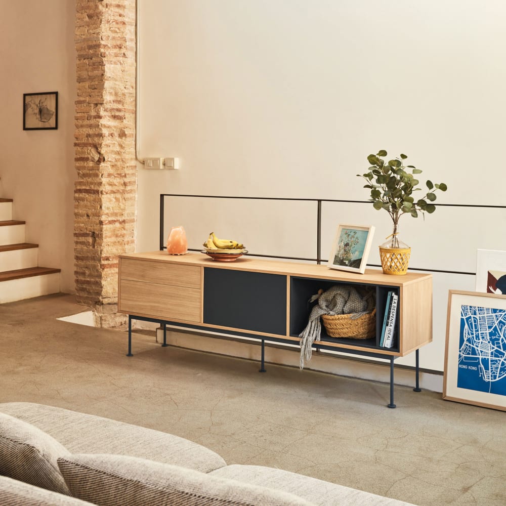 mueble de tv 2 cajones 1 puerta roble y gris antracita