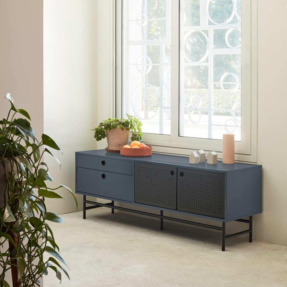 mueble de tv 2 puertas 2 cajones gris antracita y negro