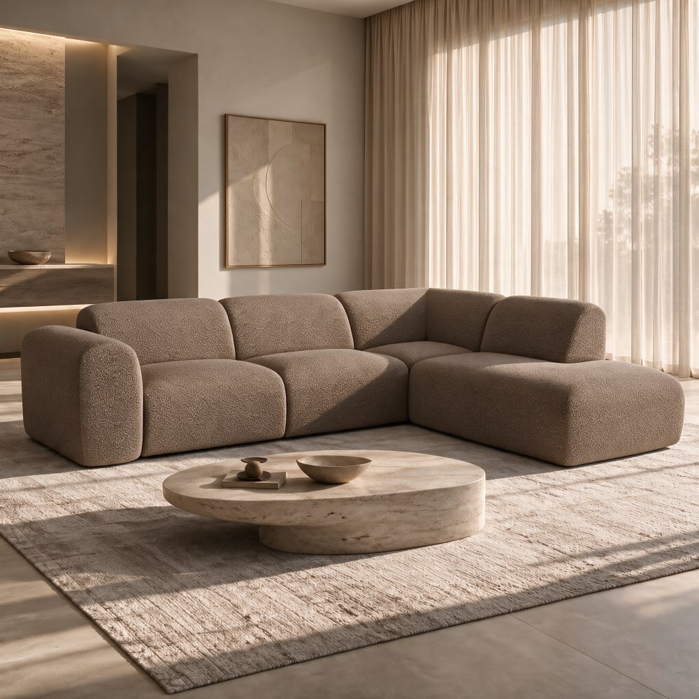 Canapé grand angle droit  5 places en tissu bouclette taupe