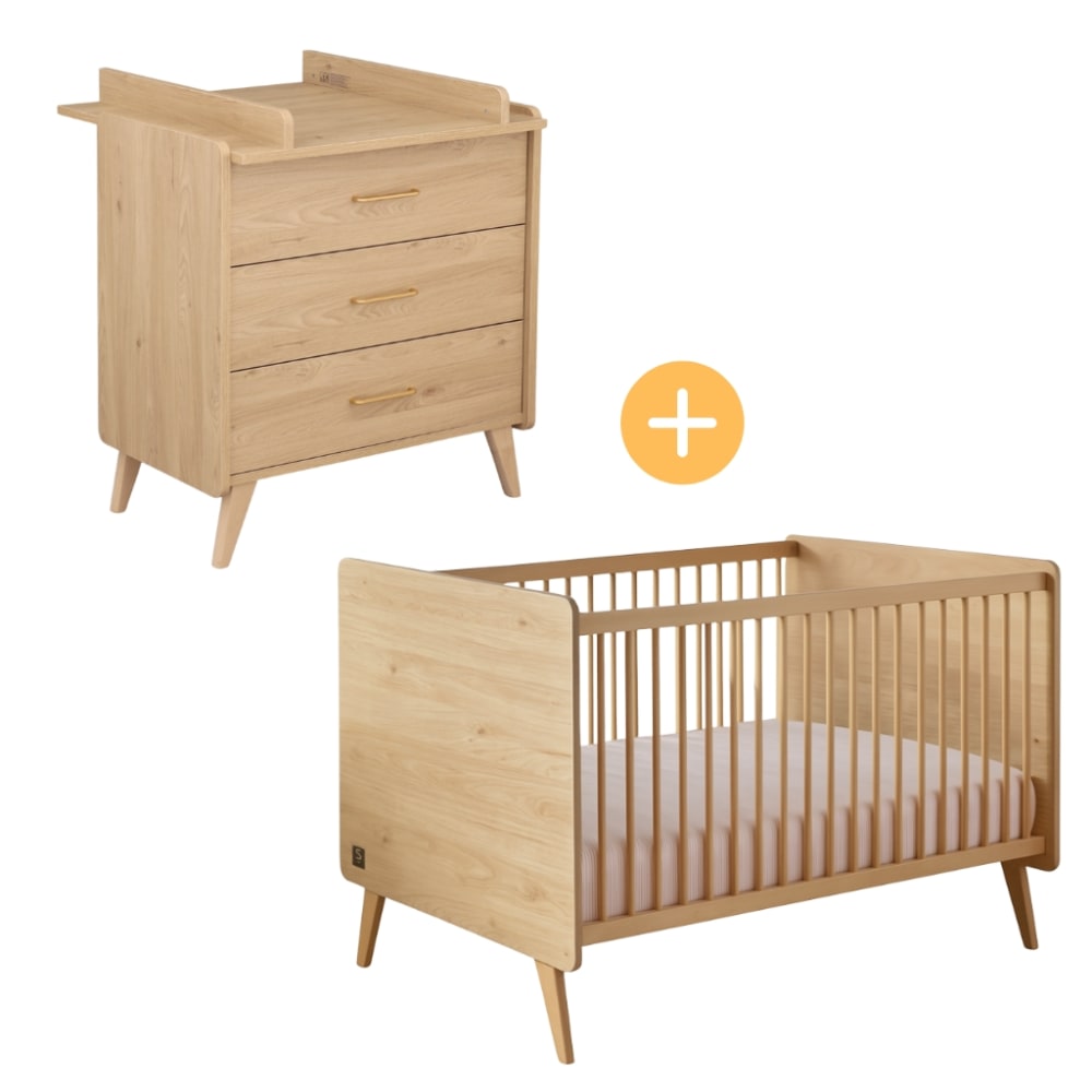 Sauthon Babyzimmer Arty, Bett 140x70 und Wickelkommode - Eiche suave BRAUN SPANPLATTE Baby