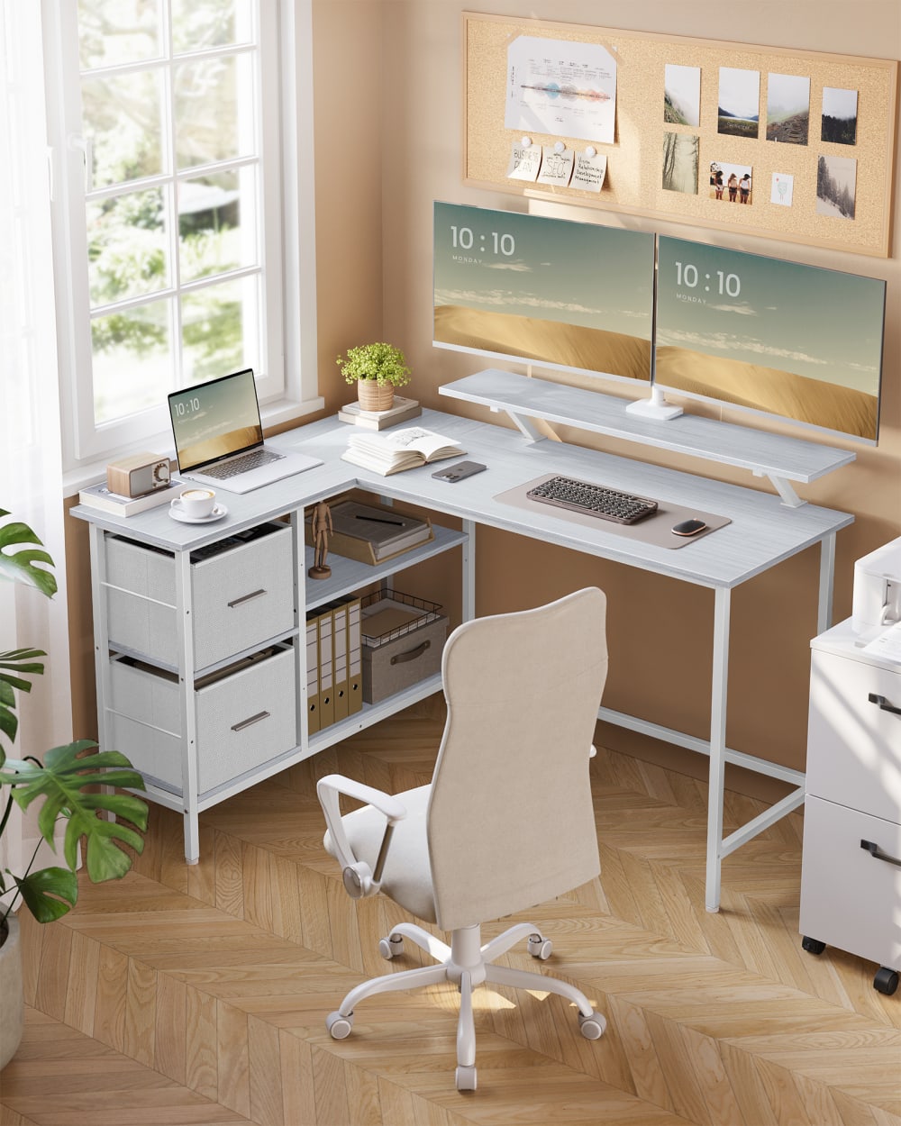 Bureau d'ordinateur en forme de l 2 tiroirs spacieux blanc érable