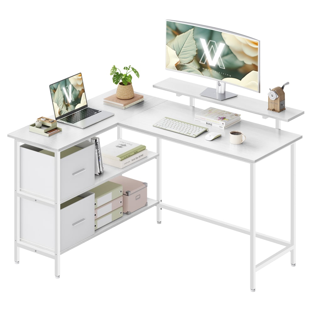 Bureau en l d'angle rehausseur d'écran 2 tiroirs blanc et érable