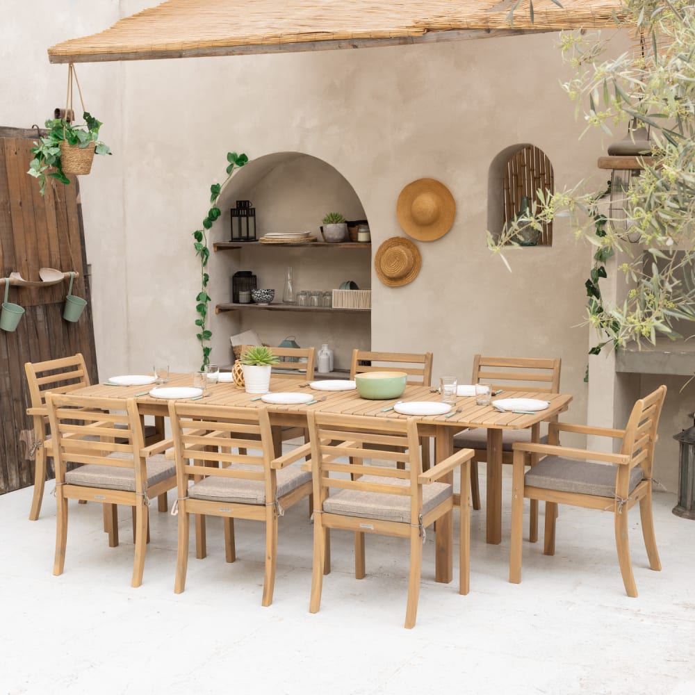 Salon de jardin table 180/240cm acacia coussin sable