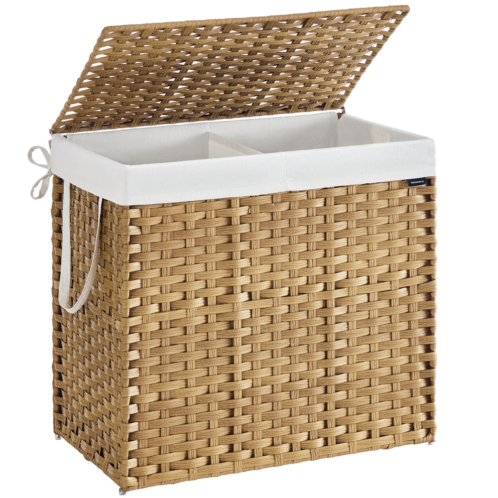 Panier à linge en rotin synthétique pliable avec poignées et couvercle Panier à linge en rotin synthétique pliable avec poignées et couvercle