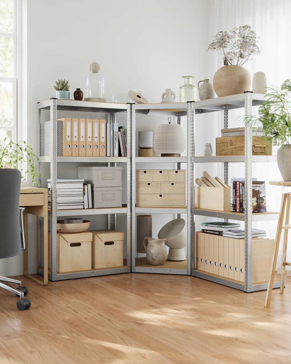 Ensemble d’étagères d’angle à 4 niveaux argent et beige naturel