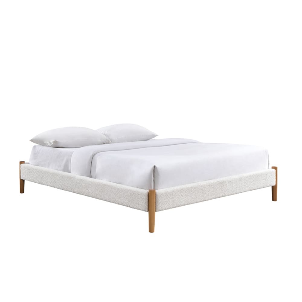 Lit double tissu bouclette blanc pieds en bois 140x190 cm