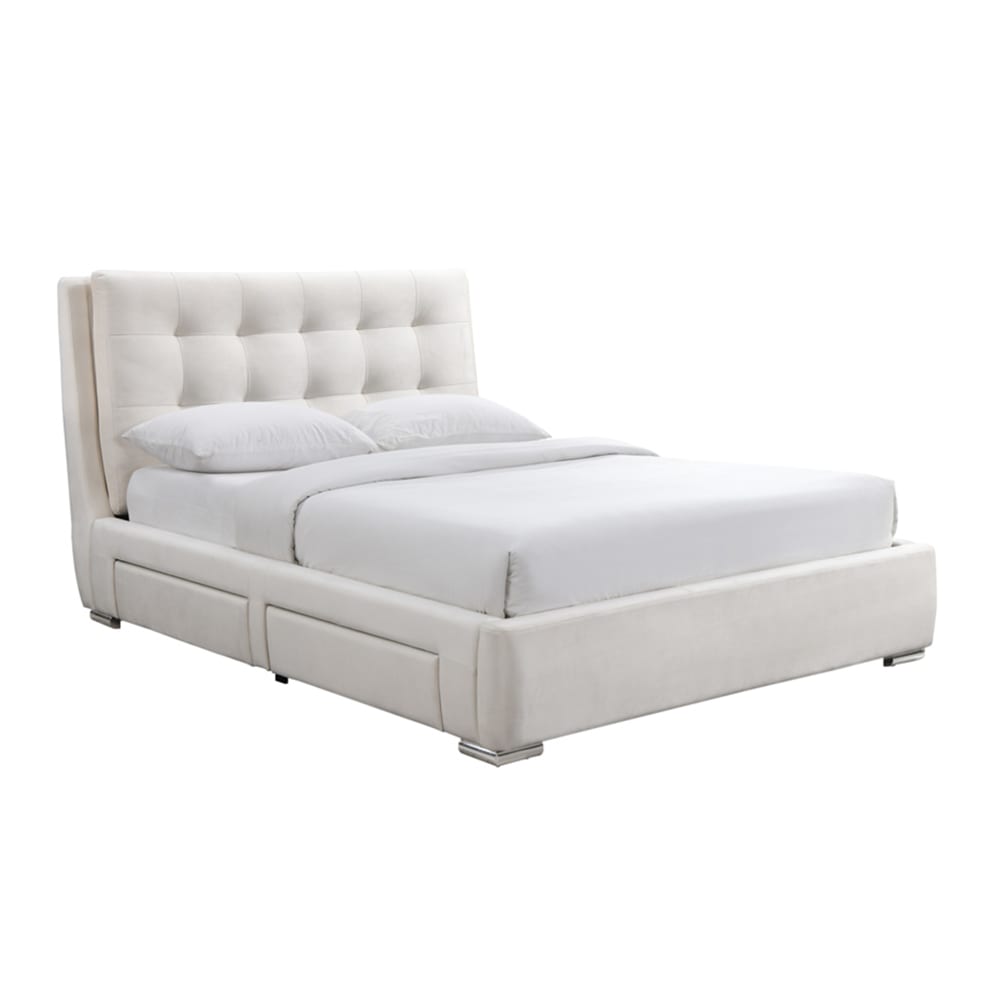 Lit double en tissu blanc écru avec 2 tiroirs 160x200 cm