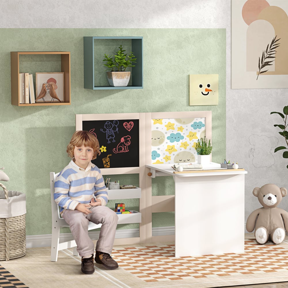 Table chaise enfants 3 en 1 pliable avec chevalet - blanc