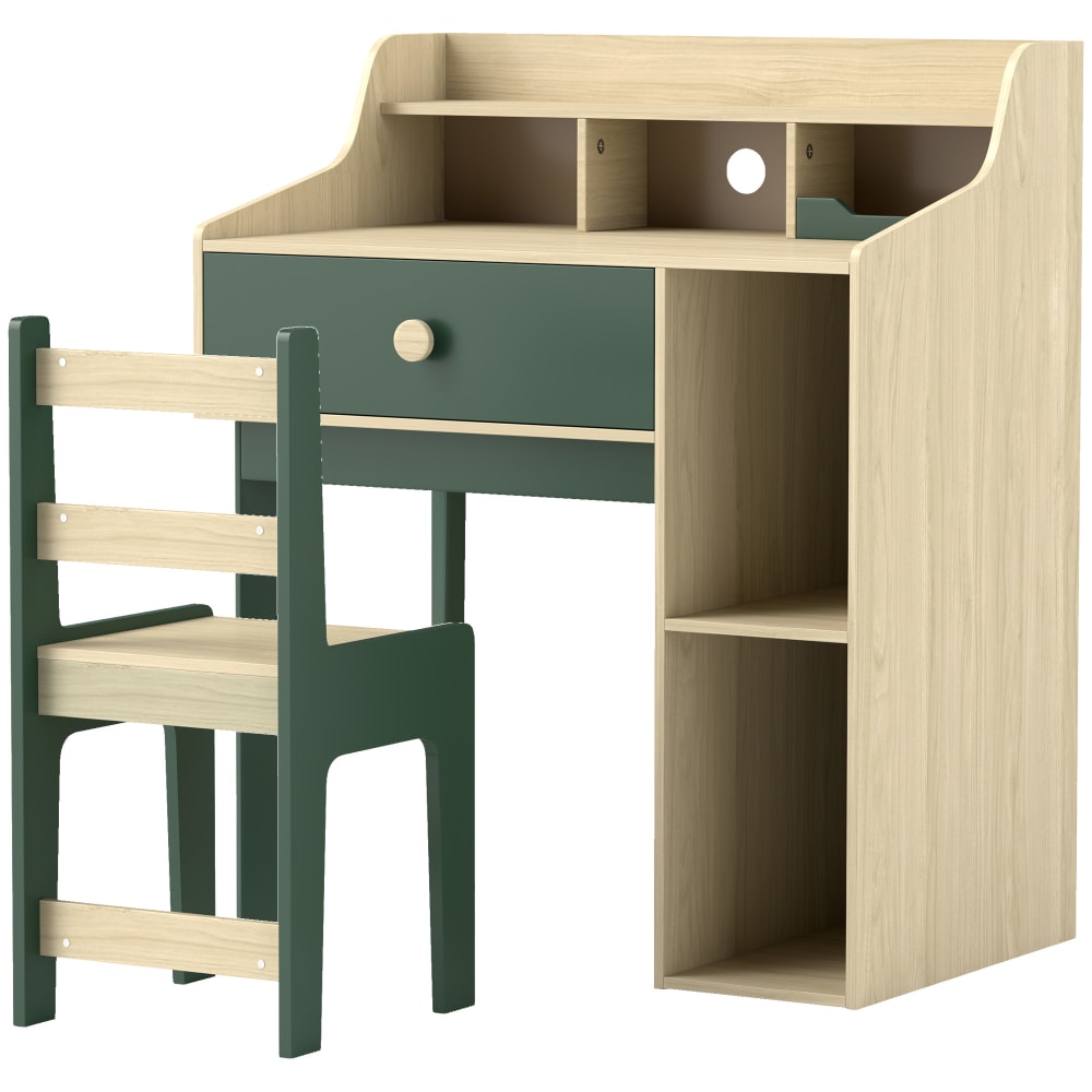Ensemble bureau et chaise enfant avec étagère en bois naturel vert