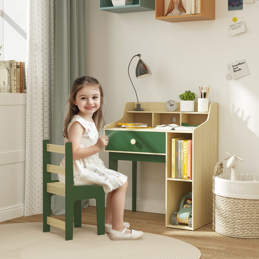 Ensemble bureau et chaise enfant avec étagère en bois naturel vert