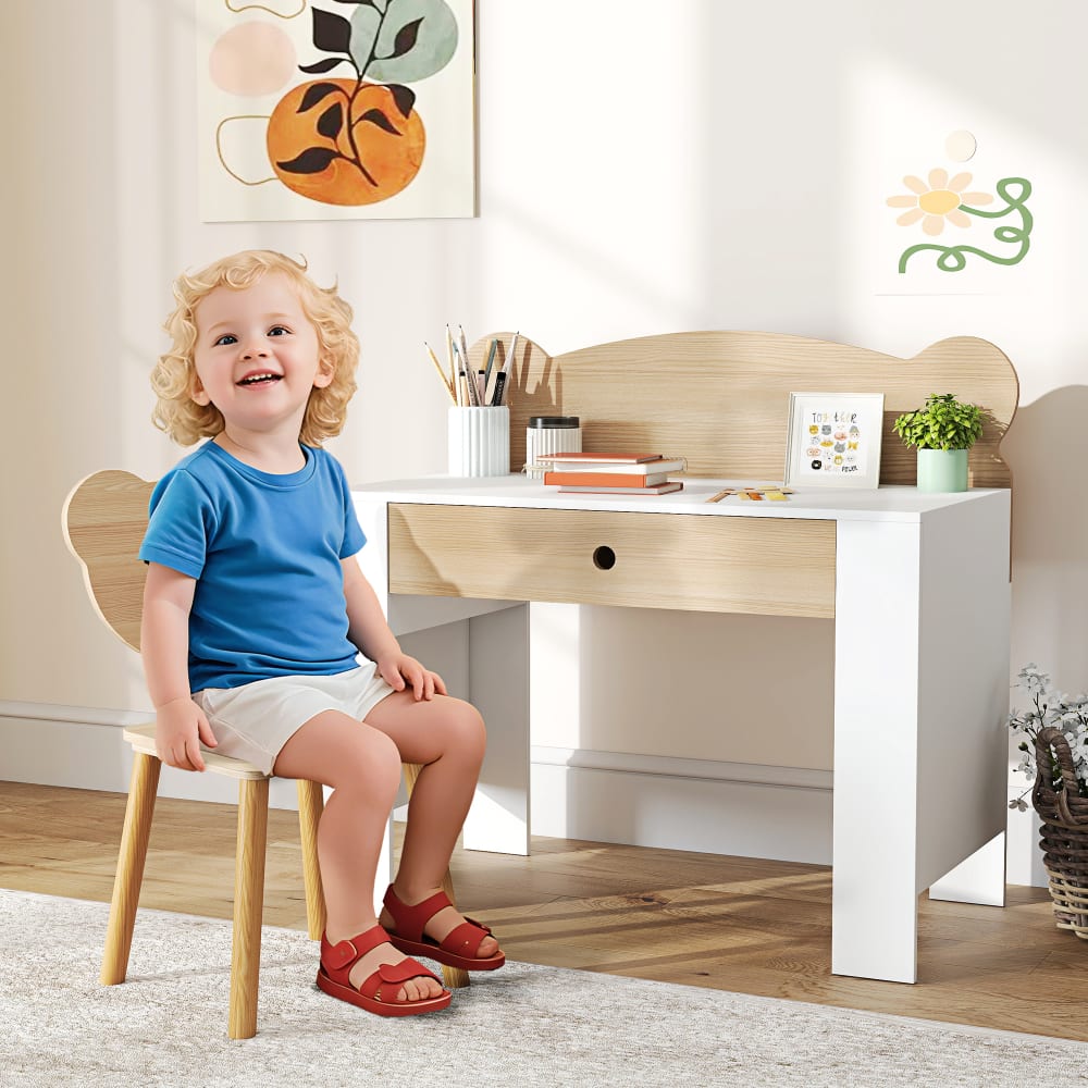 Ensemble bureau et chaise pour enfant avec tiroir effet bois naturel