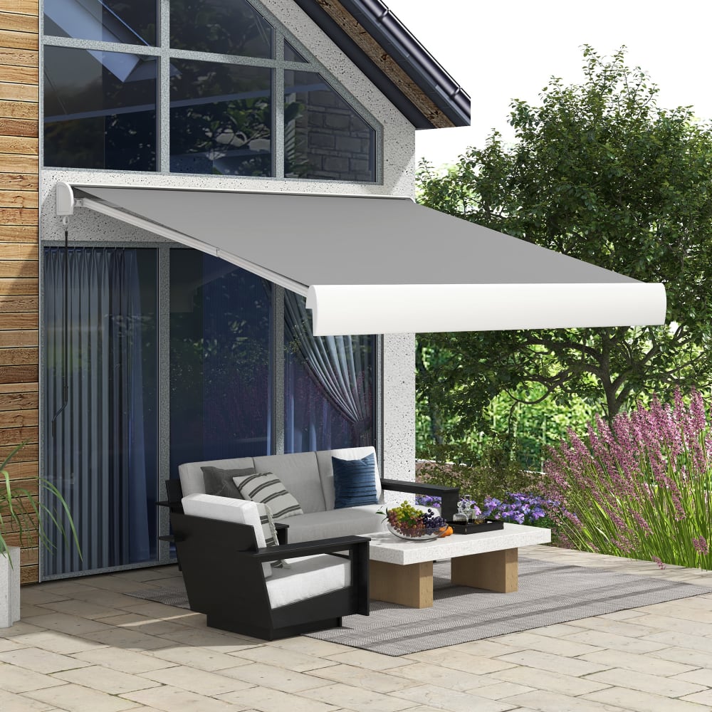 Store banne motorisé 3x25m aluminium polyester gris clair