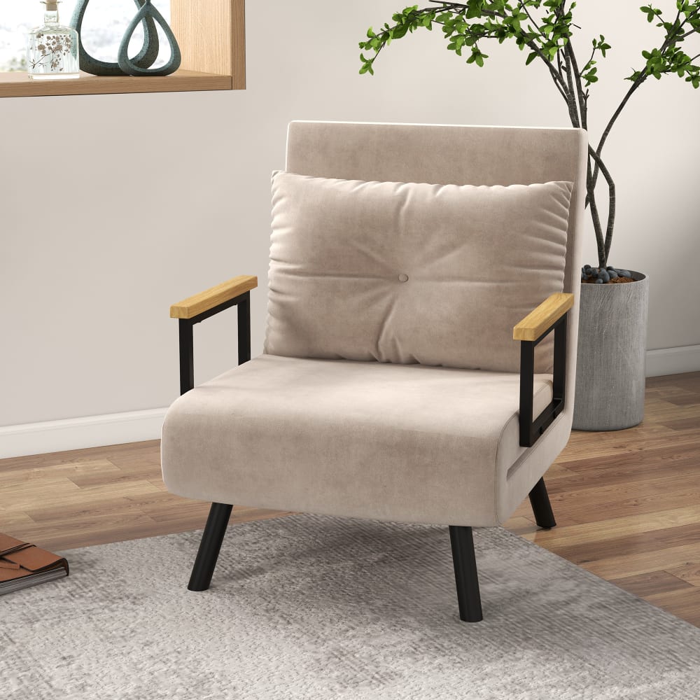 Fauteuil convertible dossier inclinable accoudoirs bois velours beige
