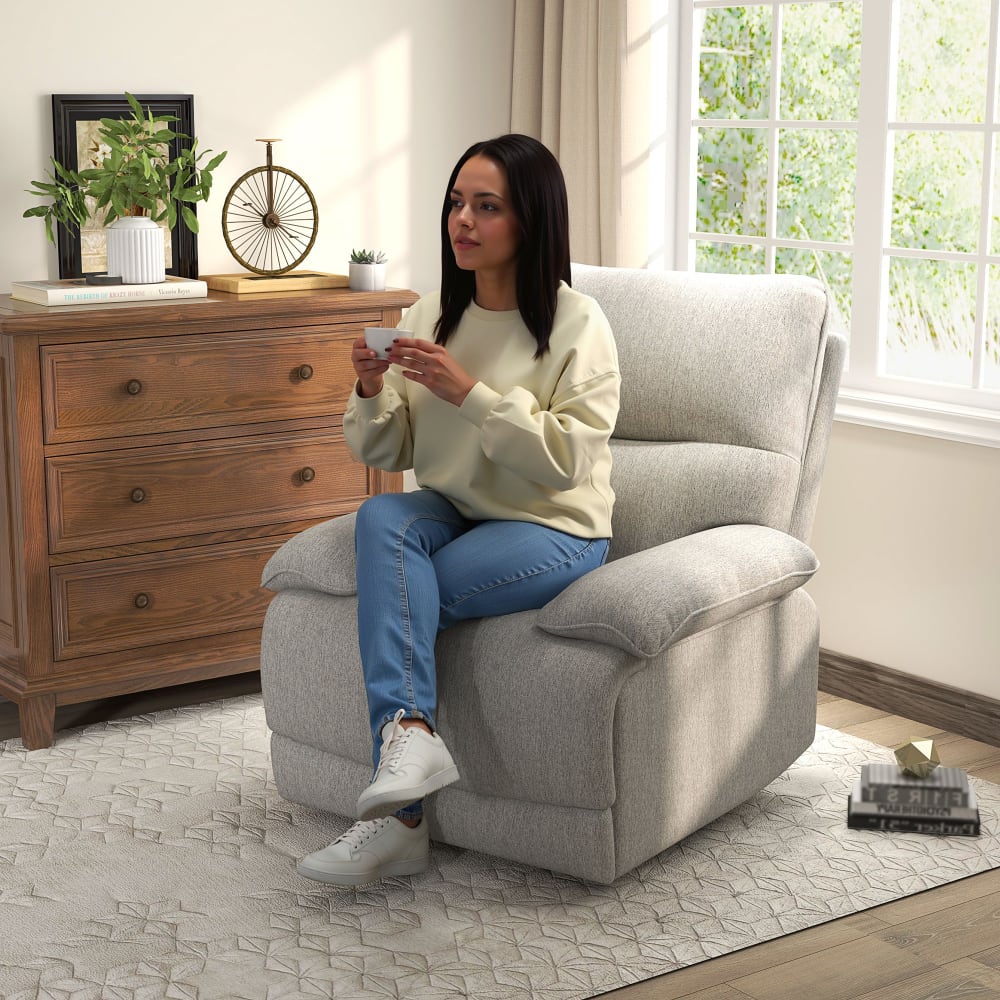 Fauteuil relax repose-pied ajustable tissu aspect lin gris clair