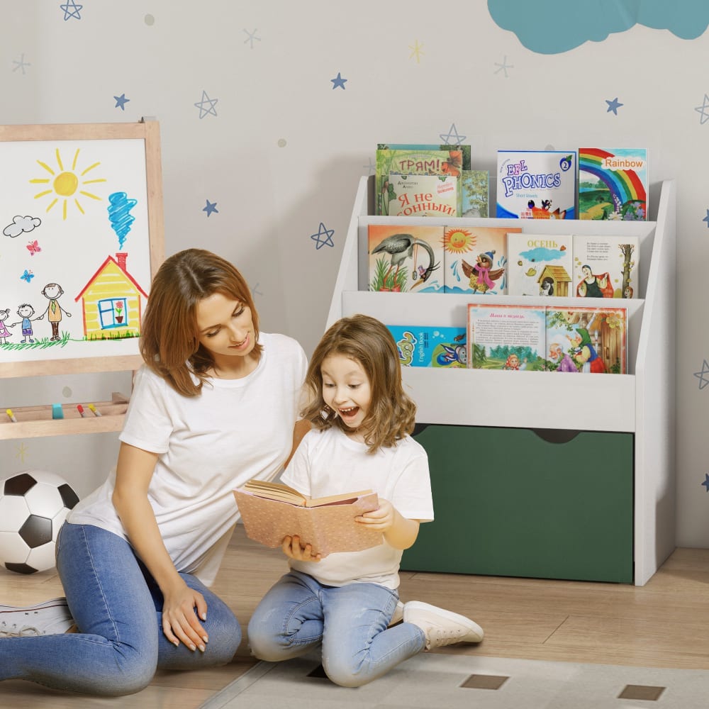 Bibliothèque pour enfants 3 niveaux et tiroir vert (Aiyaplay) - Image 1