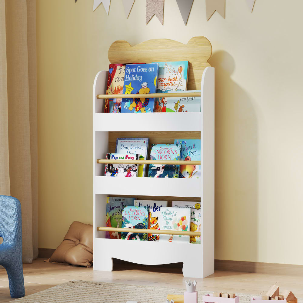 Bibliothèque pour enfant 3 niveaux motif d'ours bois naturel (Aiyaplay) - Image 1
