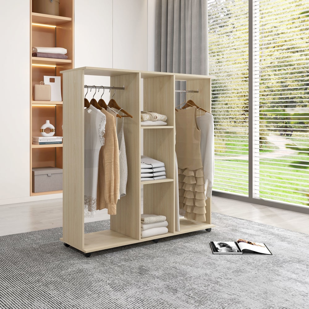 Armoire penderie mobile 6 casters bois naturel