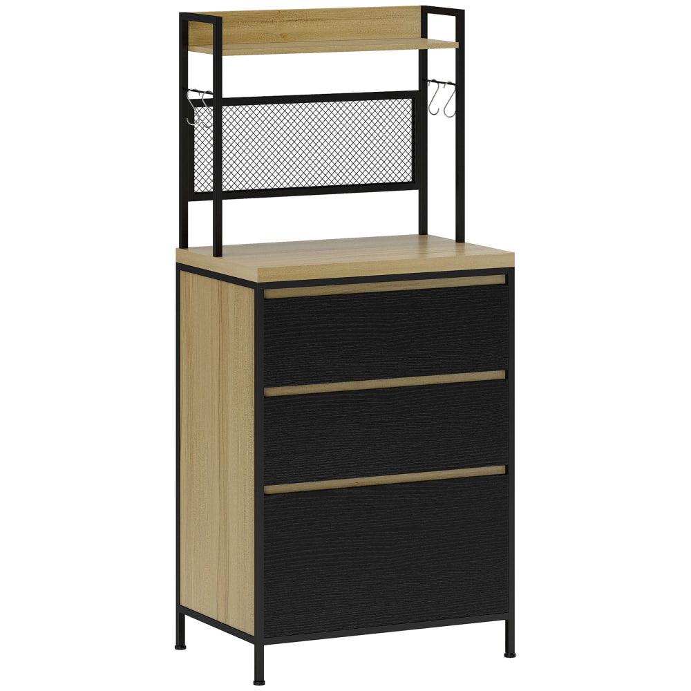 Armoire de cuisine, 3 tiroirs, plan de travail et 4 crochets, naturel