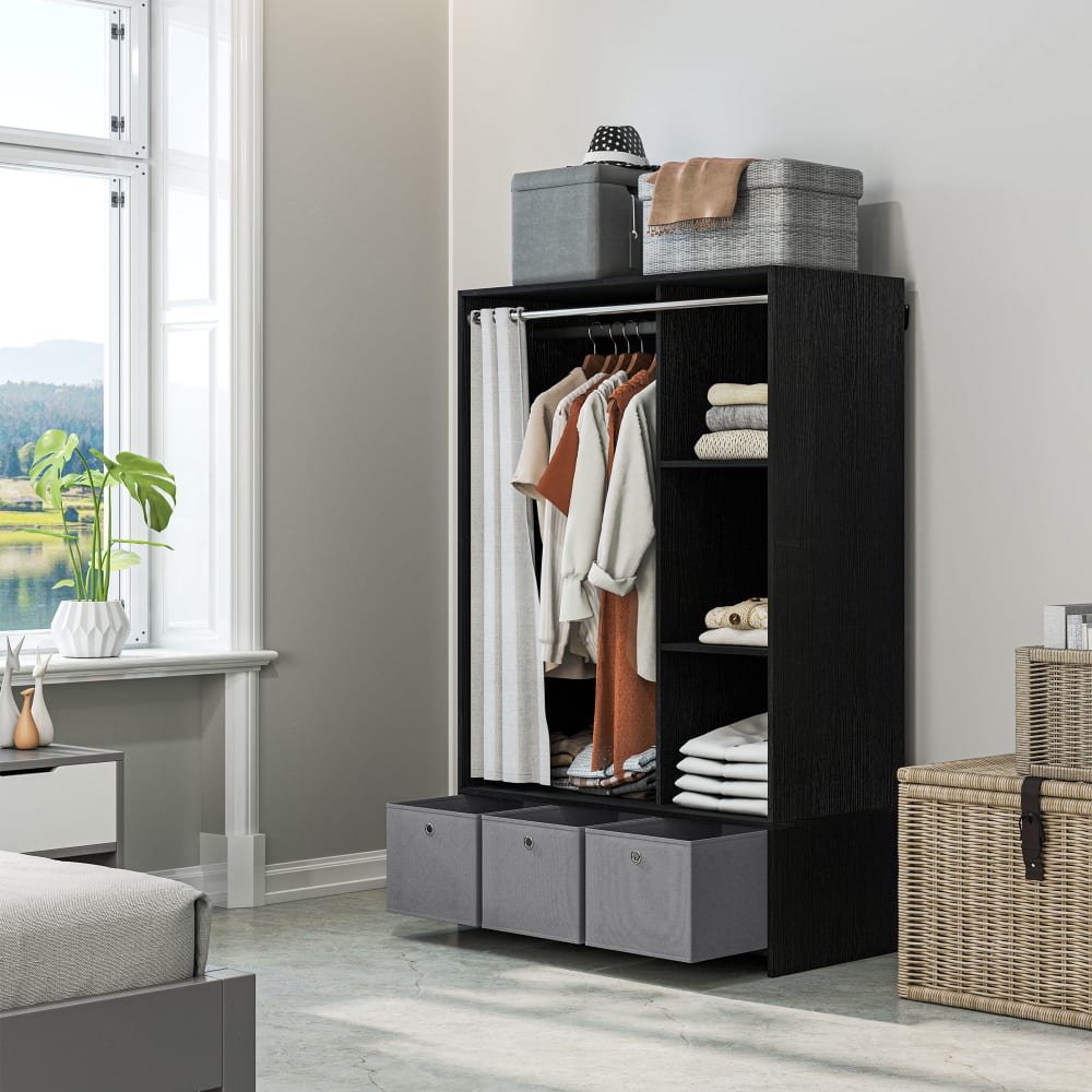 Armoire penderie 3 compartiments/tiroirs amovibles en tissu noir