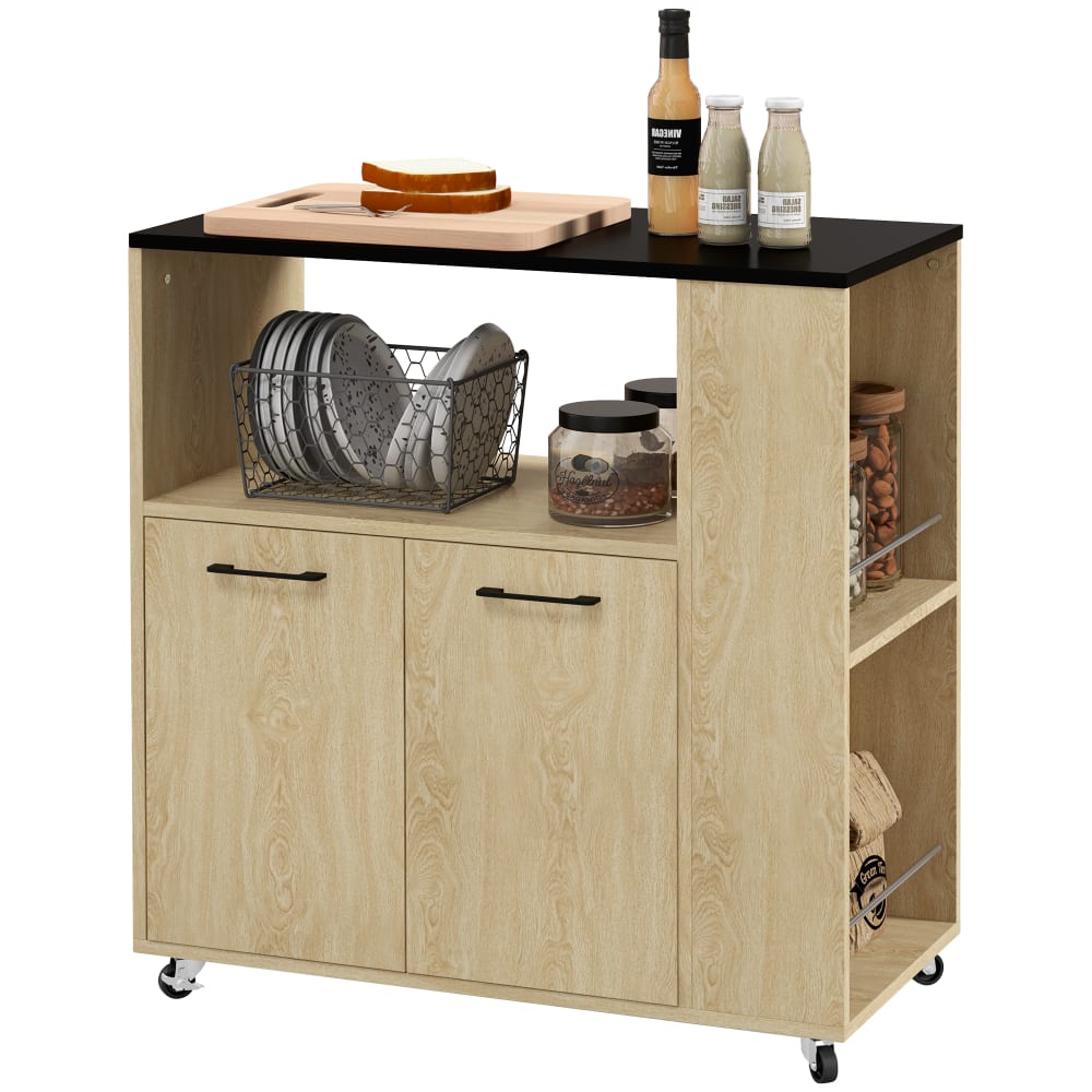 Homcom Schwarzes Küchenrollmöbel Natur Beige Spanplatte