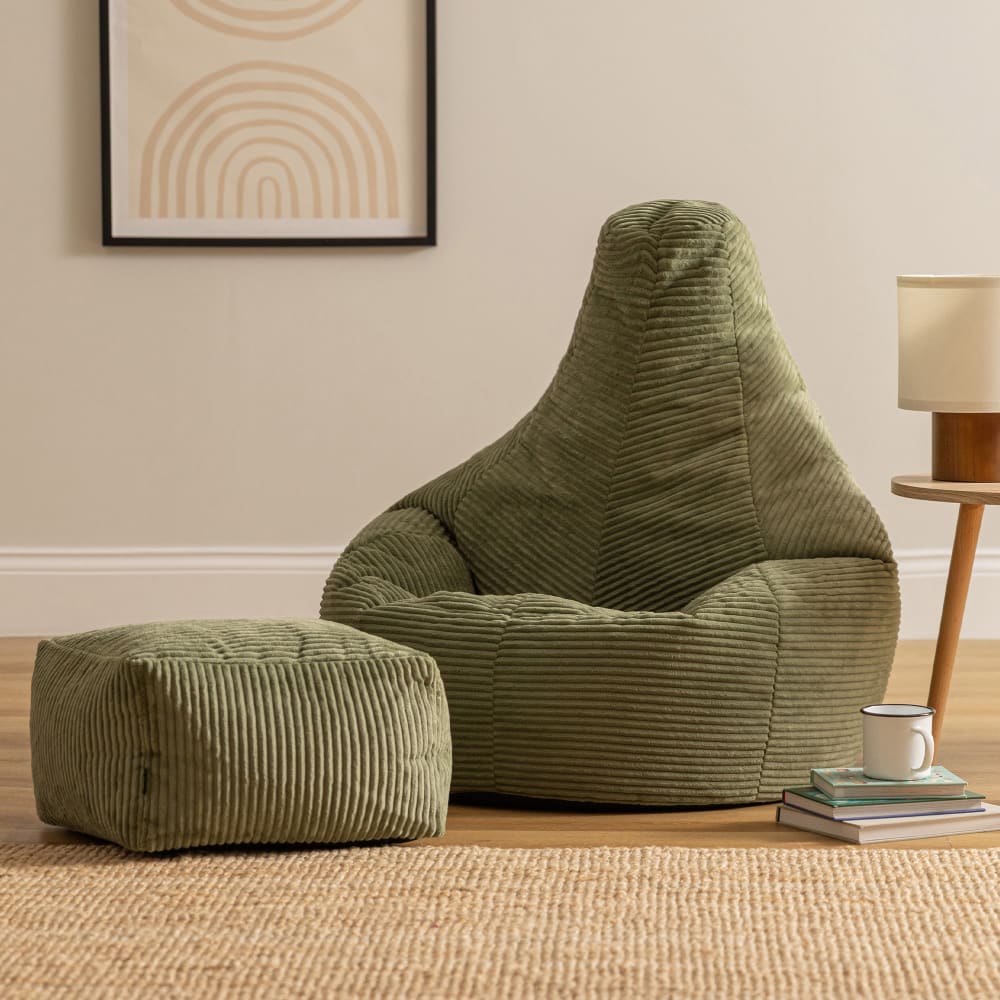 Pouf poire à dossier haut avec repose-pied velours côtelé vert sauge