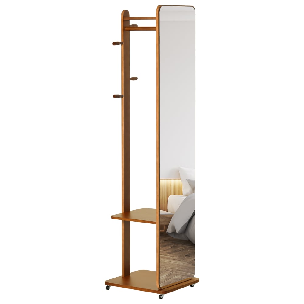 Miroir sur pied avec roulettes portant 4 patères étagère mdf noyer