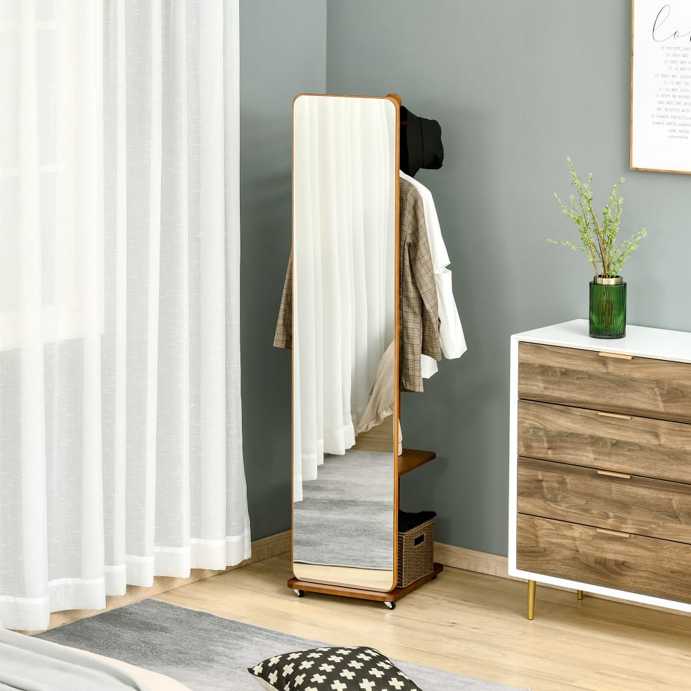Miroir sur pied avec roulettes portant 4 patères étagère mdf noyer