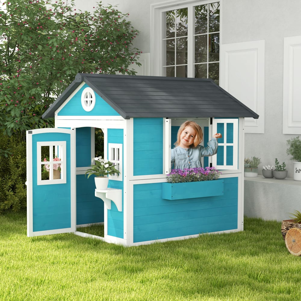 Cabane de jardin pour enfant avec porte fenêtres et jardinières bleu