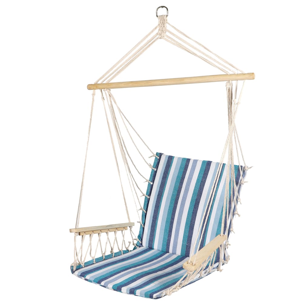 Chaise-hamac suspendue relaxante bois et tissu bleu 60x60x100cm
