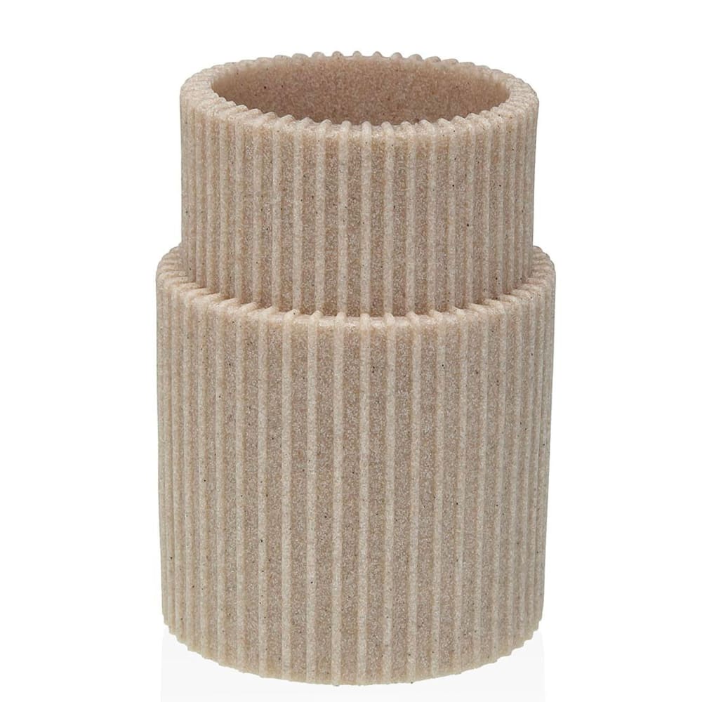 Porte brosse à dents en résine beige stries 7.5x7.5x10.5cm