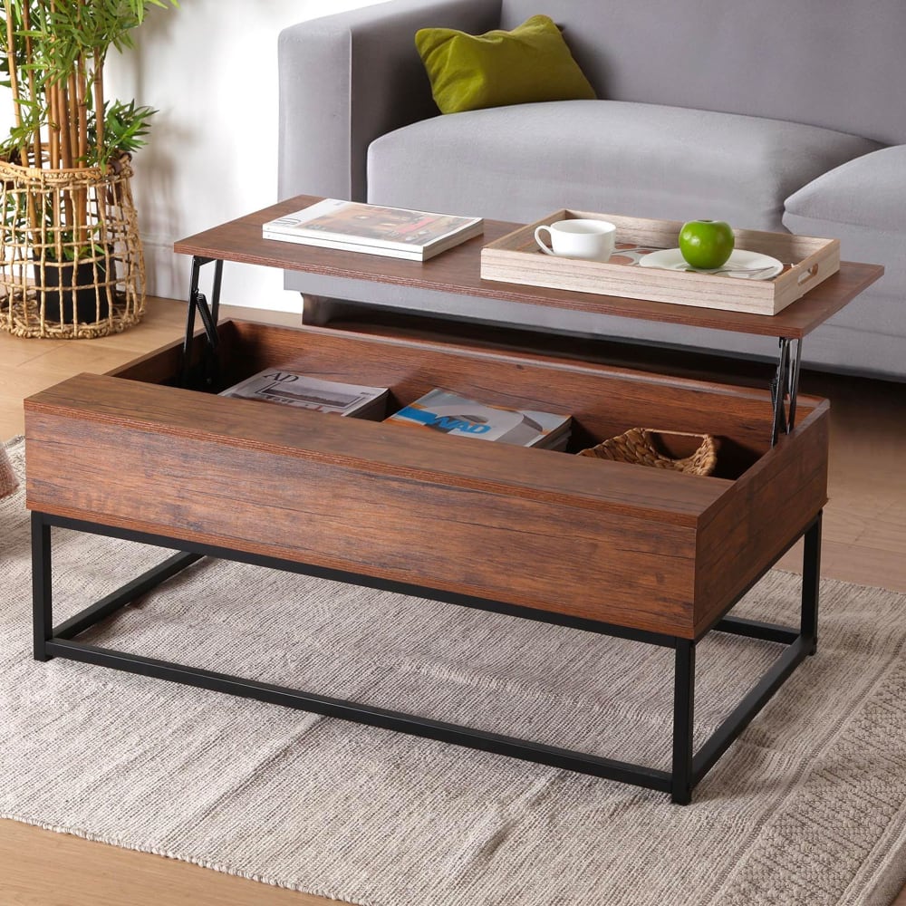 Table basse avec rangement effet bois foncé et noir 100x55x40cm