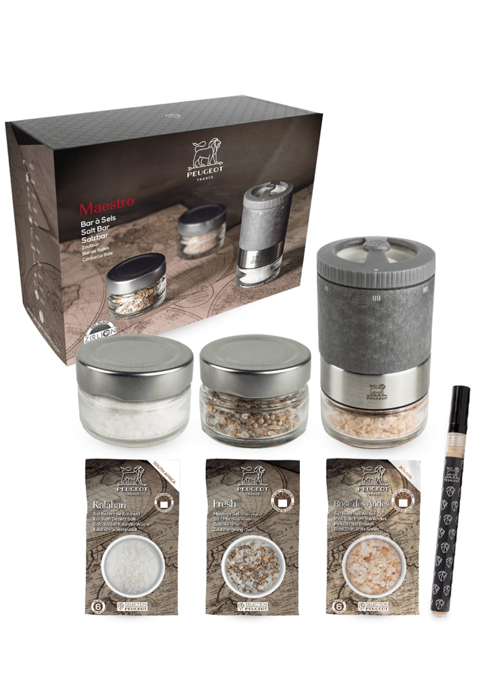 Maestro Bar à sels - moulin à sel u'Select accompagné de 3 réservoirs