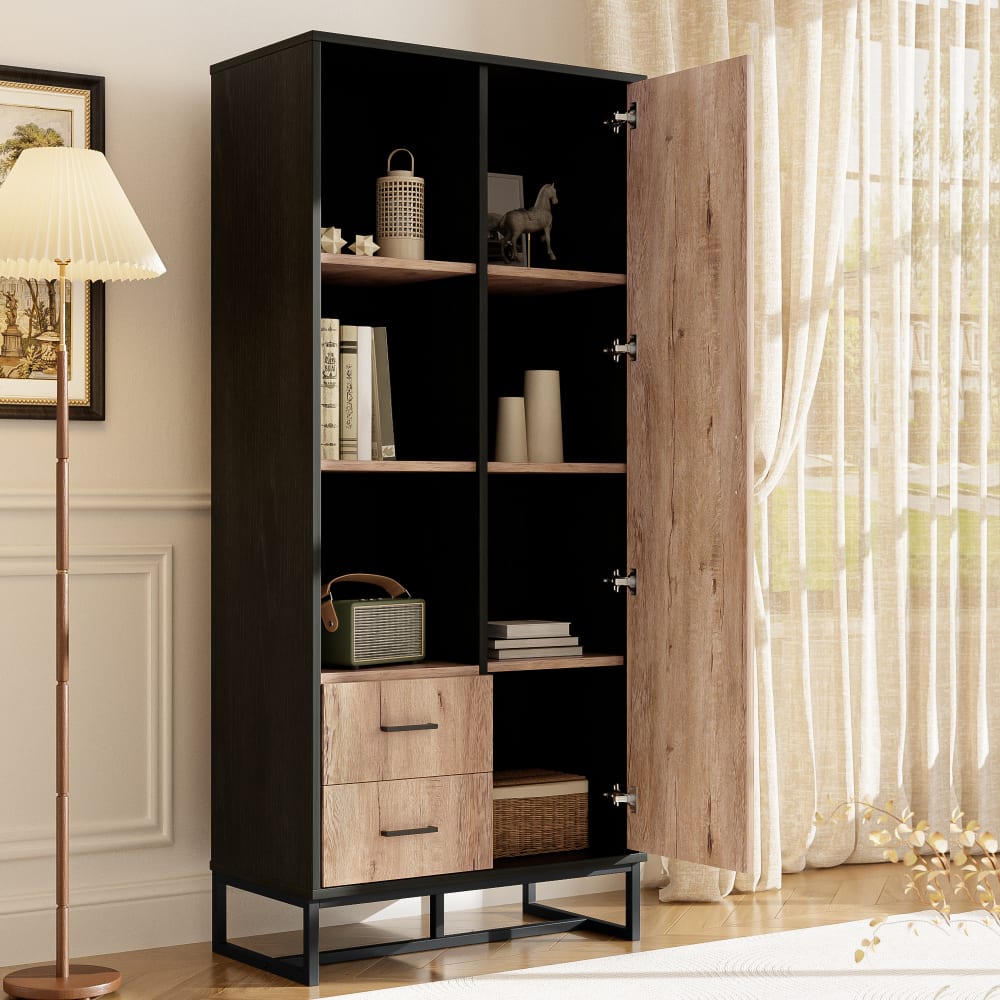 Highboard mit 2 Schubladen & 3 offenen Fächern, Holzfarbe und