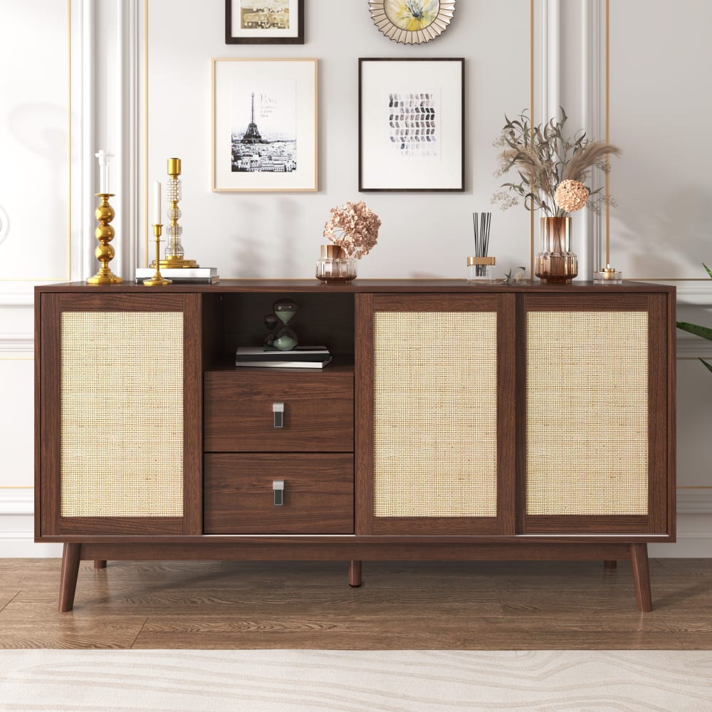Sideboard mit 3 Schiebetüren aus echtem Rattan, Holzfarbe -