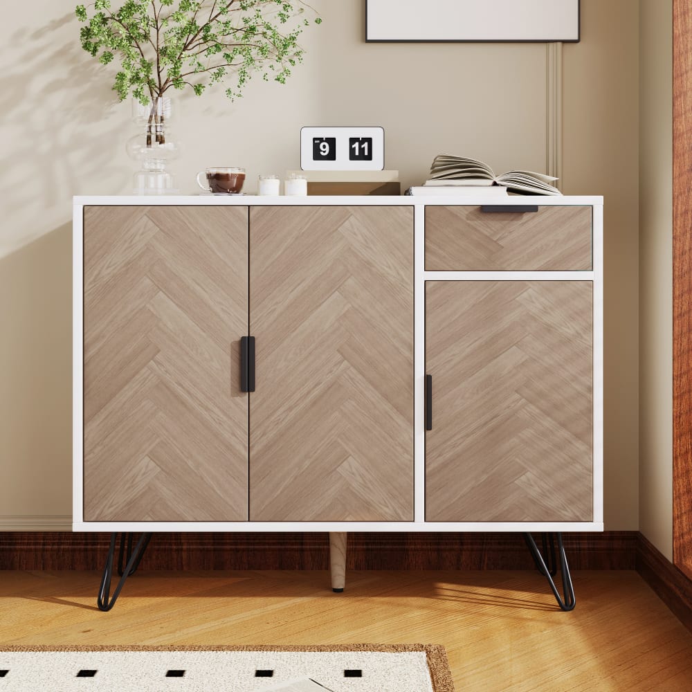Sideboard mit 1 Schublade und 3 Türen, Holzfarbe und weiß -