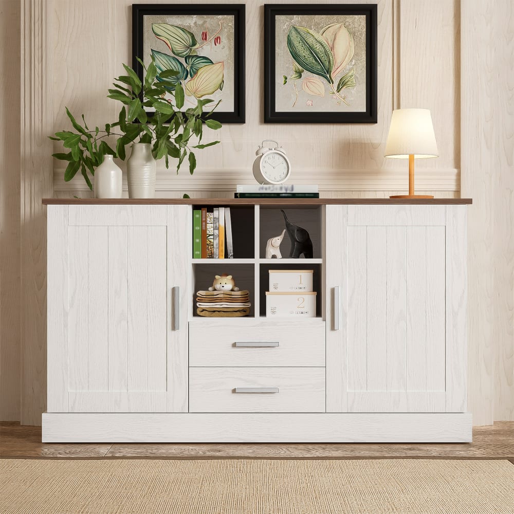 Sideboard mit 2 Türen, Platte in brauner Holzmaserung, weiß -
