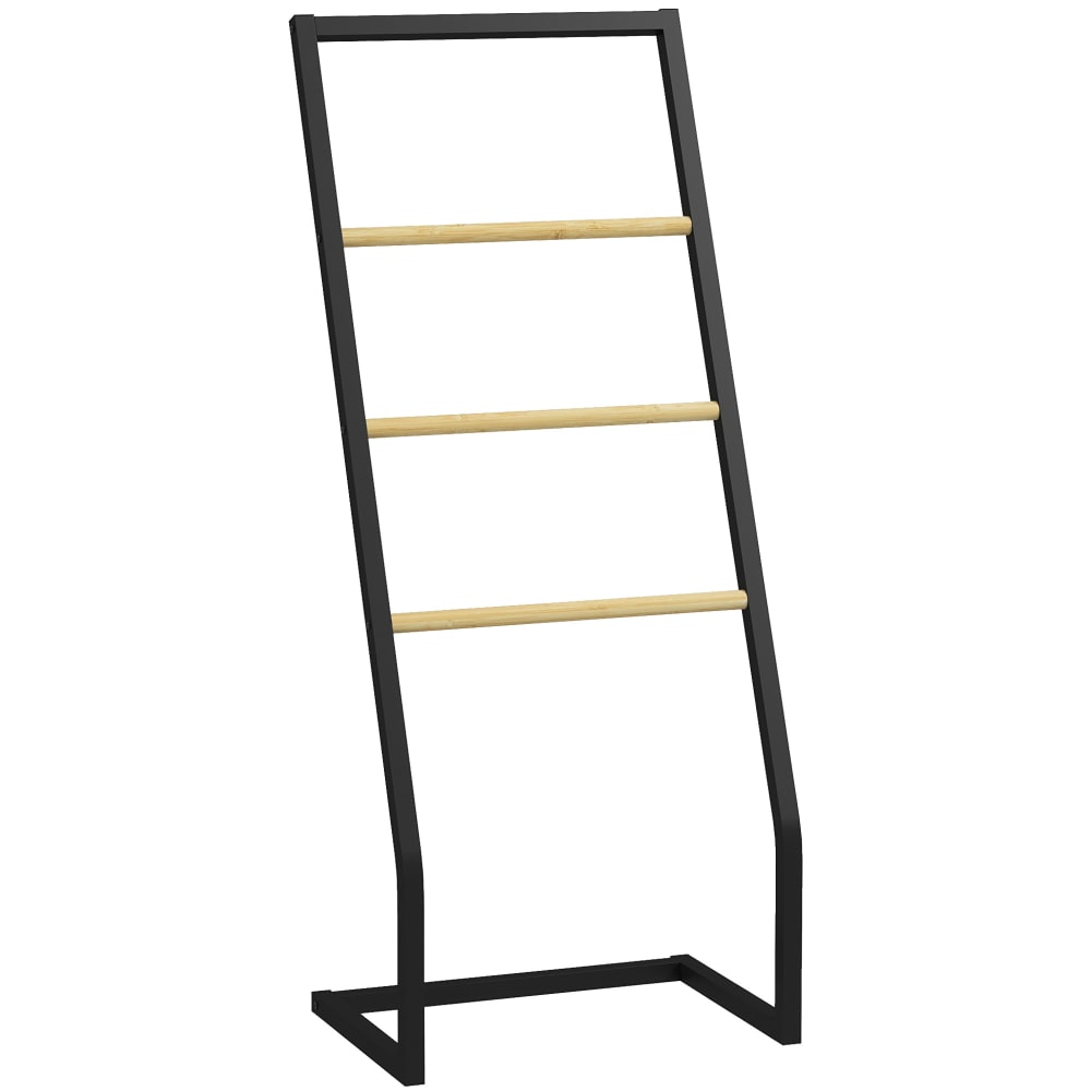 Porte-serviettes sur pieds 4 barres bambou et acier noir et naturel Porte-serviettes sur pieds 4 barres bambou et acier noir et naturel