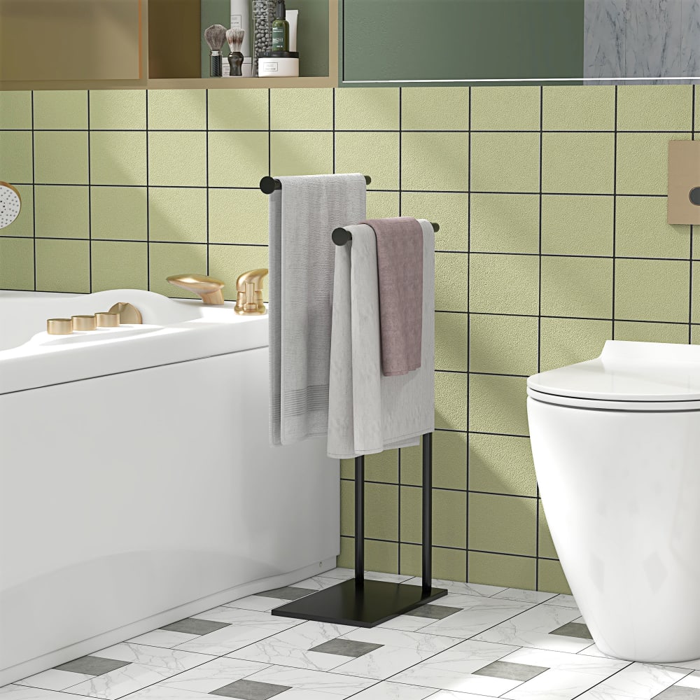 Porte-serviettes sur pied 2 barres acier noir
