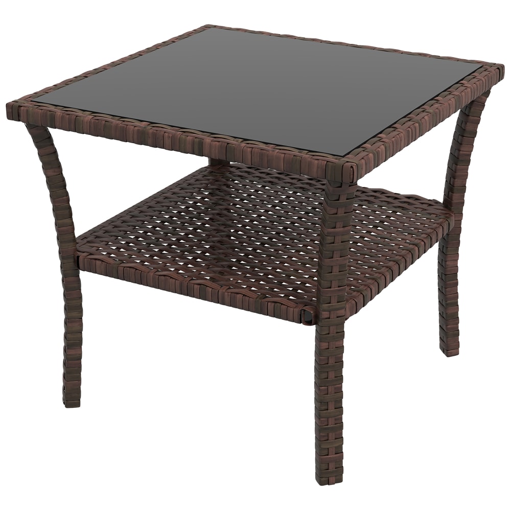 Table d'appoint de jardin 2 niveaux carrée résine tressée marron
