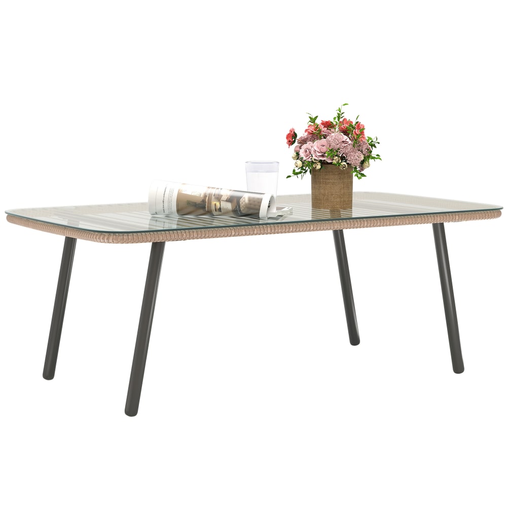 Table basse de jardin plateau verre trempé acier effet bois naturel